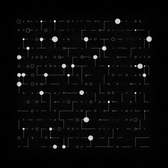 A grid comprised of line dashes and hollow circles, each varying in size. Some circles are solid and connected to one or many of the adjacent lines.